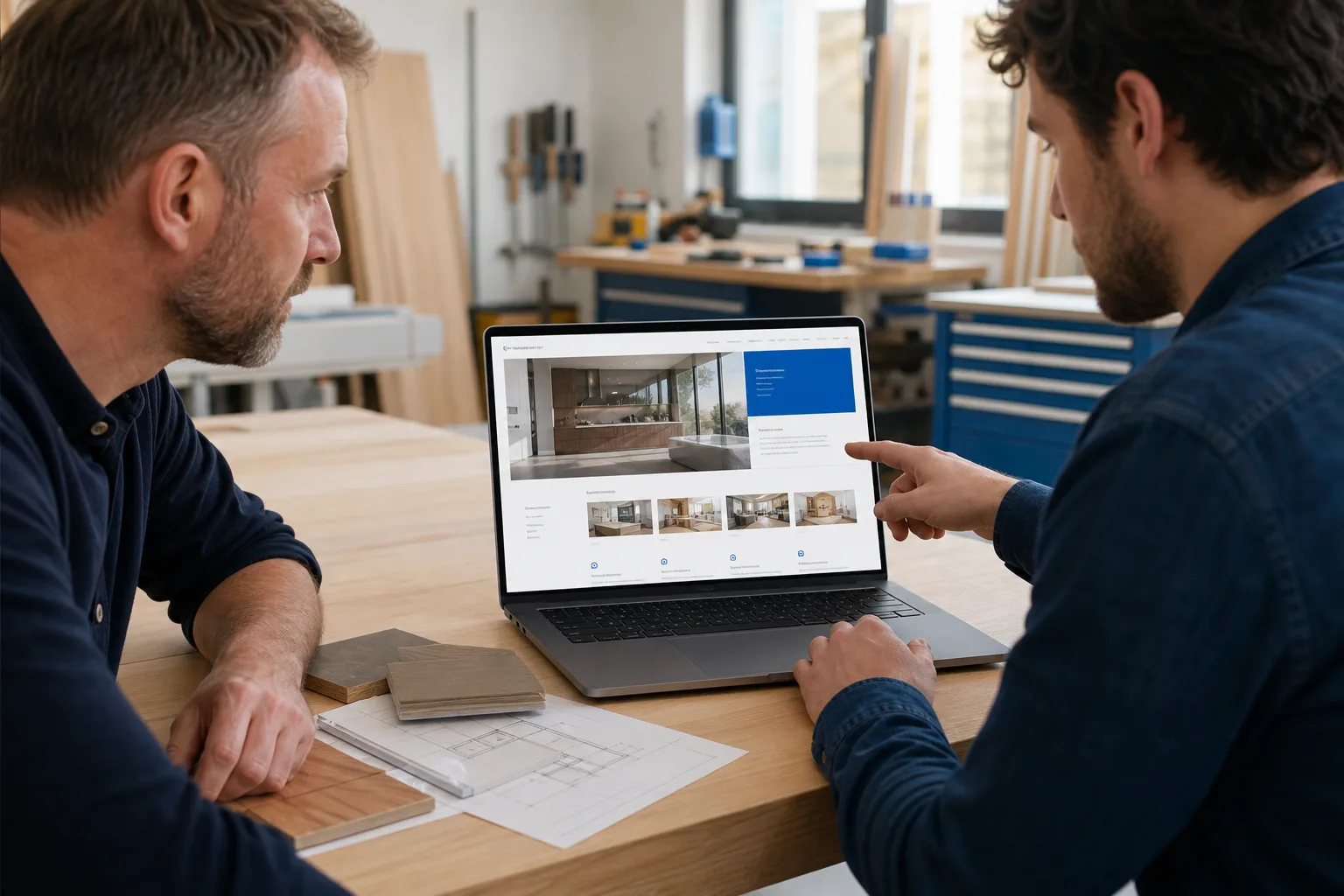 Webdesigner und Handwerksbetrieb besprechen gemeinsam eine neue Website