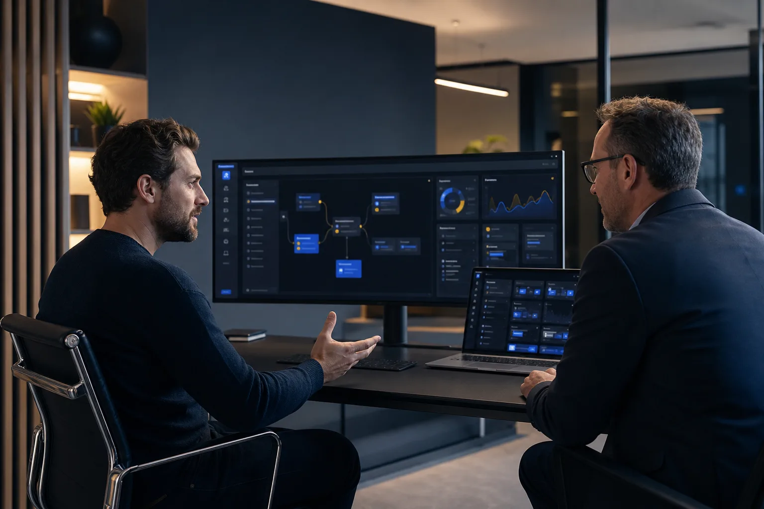 Softwareentwickler und Unternehmer planen gemeinsam eine individuelle Geschäftsanwendung
