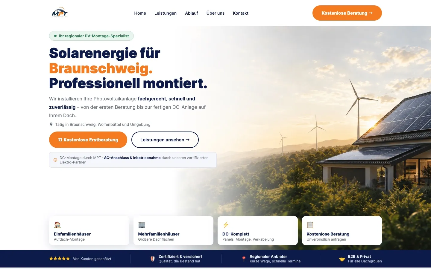 Website von MPT Photovoltaik für PV-Montage in Braunschweig