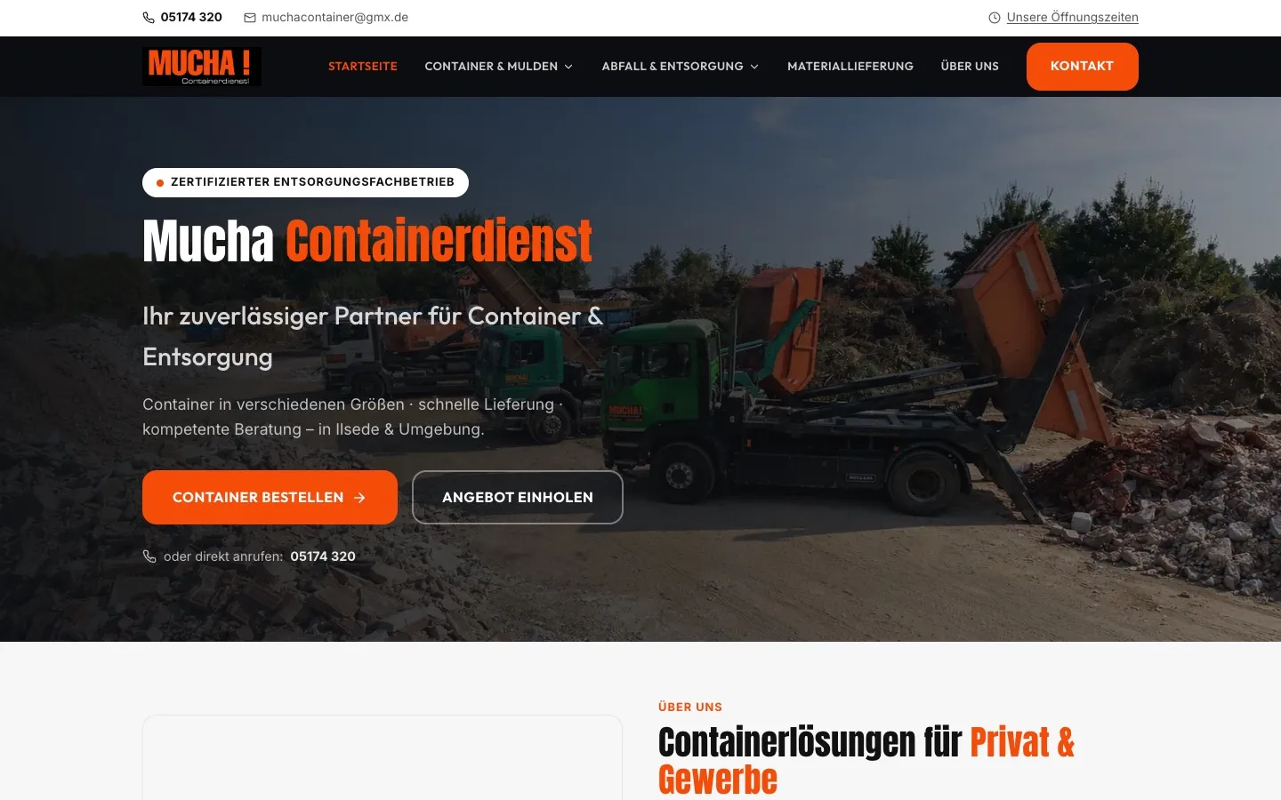Website des Mucha Containerdienstes mit Containerfahrzeugen