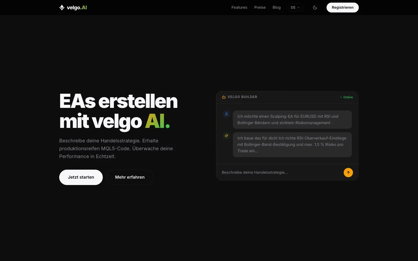 Benutzeroberfläche der KI-Plattform velgo AI